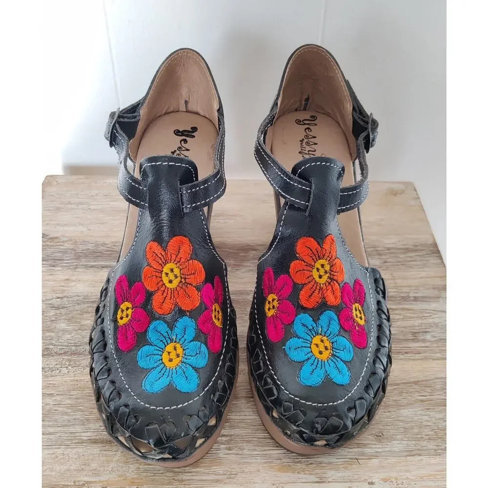 Mexican Heeled Black Sandals Huarache Genuine‎ Leather Floral Embroidered 8.5 M - Picture 6 of 9